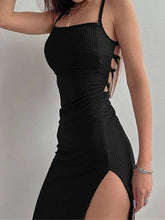Black Long Bodycon Summer Sleeveless Blackless Halter Neck High Split Vestidos Midi Dress